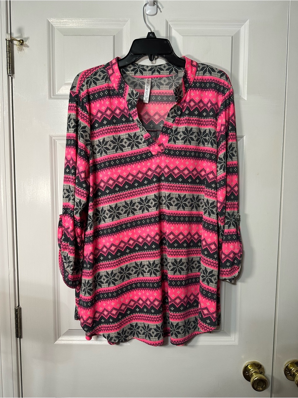 Women's Pink and Gray Printed Split-Neck Tunic Blouse